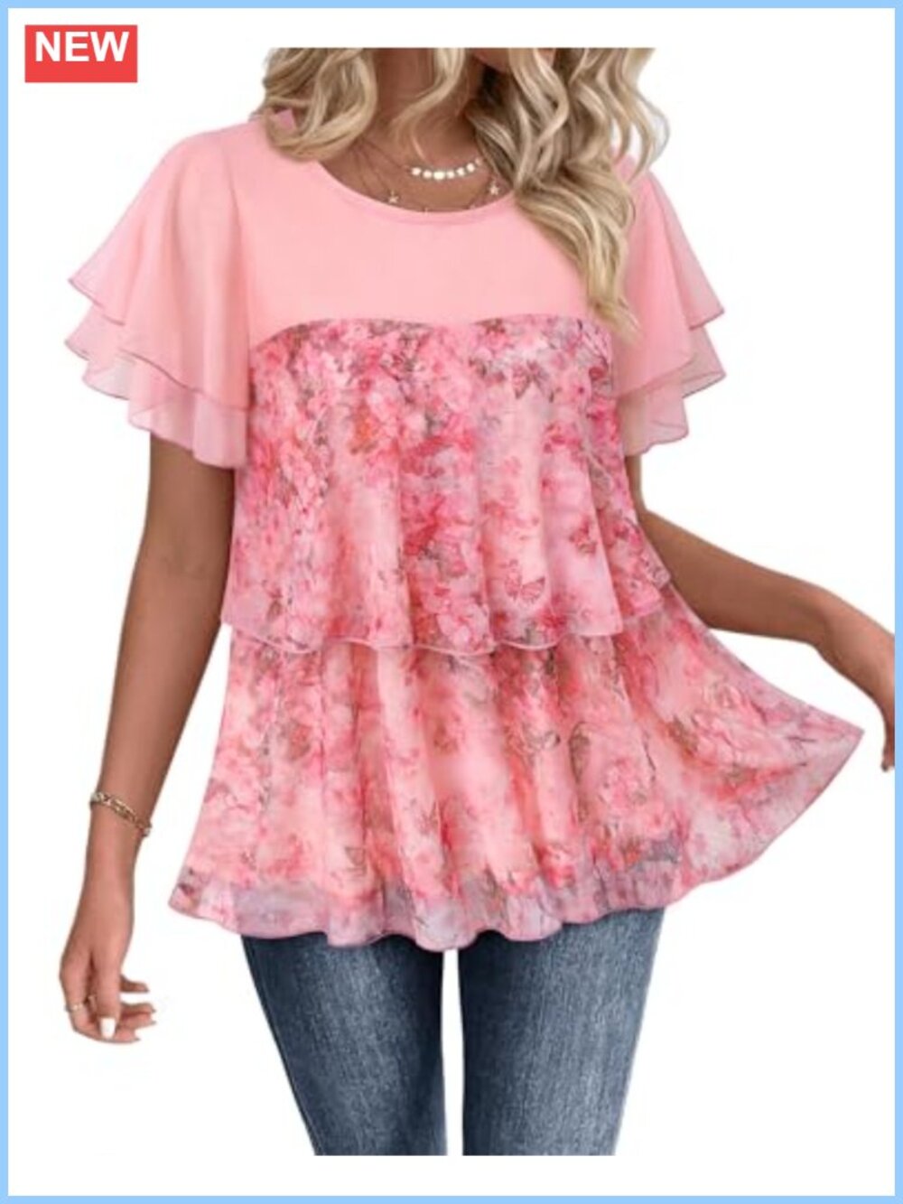 Womens Crew Neck Short Sleeve Double Layer Mesh Blouse